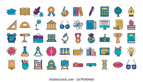 bundle of schoolline and fill style set icons vector illustration design