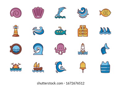 conjunto de iconos de estilo de color de línea de mar ilustración vectorial