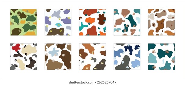 Agrupe o padrão perfeito com pegadas de animais e formas líquidas. Coleção de fundo de repetição de pegada animal para têxteis, tecidos e outros