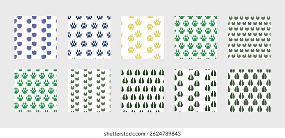 Bundle seamless pattern with elephant, wolf, wolf, fox, giraffe and sheep footprints. Animal footprints seamless pattern collection