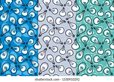 The bundle of seamless patterns with cartoon filament lamps on a different backgrounds.