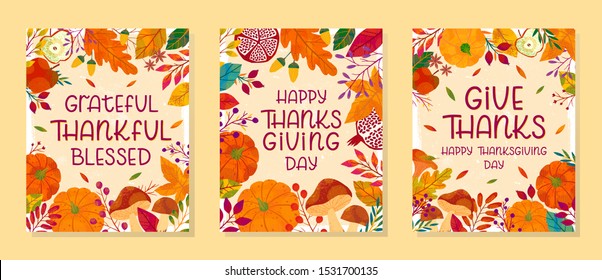 Bundle of seasonal banners for thanksgiving day with pumpkins,mushrooms,pomegranates,apples,plants,leaves,berries and floral elements.Holiday background designs.Trendy autumn vector illustrations.