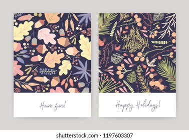 Bundle of seasonal card or postcard templates with autumn fallen leaves, acorns, coniferous tree branches, berries, fir needles on black background and holiday wishes. Colorful vector illustration.