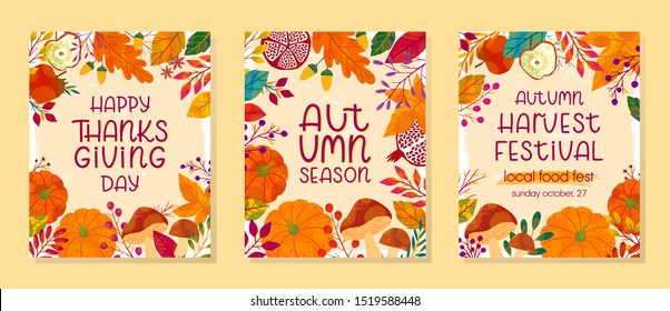 Bundle of seasonal vector autumn illustrations for thanksgiving day and harvest festival with pumpkins,mushrooms,pomegranates,apples,plants,leaves,berries and floral elements.Trendy fall designs.