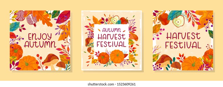 Bundle of seasonal vector autumn illustrations for harvest festival with pumpkins,mushrooms,pomegranates,apples,plants,leaves,berries and floral elements.Trendy fall designs.