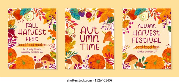 Bundle of seasonal vector autumn illustrations for harvest festival with pumpkins,mushrooms,pomegranates,figs,apples,plants,leaves,berries and floral elements.Harvest fest season.Trendy fall designs.