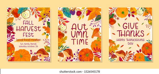 Bundle of seasonal vector autumn illustrations for thanksgiving day and harvest festival with pumpkins,mushrooms,pomegranates,figs,apples,plants,leaves,berries and floral elements.Trendy fall designs.