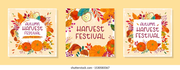 Conjunto de ilustraciones de otoño vectoriales estacionales para el festival de cosecha con calabazas, hongos, manzanas, plantas, hojas, bayas y elementos florales.Diseño agrícola.Diseño de otoño a la moda.