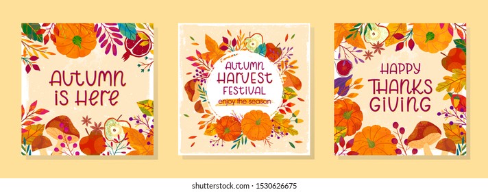 Bundle of seasonal vector autumn illustrations for thanksgiving day and harvest festival with pumpkins,mushrooms,pomegranates,figs,apples,plants,leaves,berries and floral elements.Trendy fall designs.