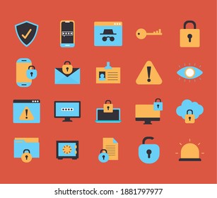 bundle of security icons on a red background vector illustration design