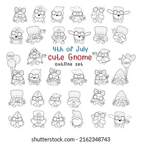 bundle set of 4th of July cute gnome cartoon black outline for coloring page or digital stamp, hand drawn illustration vector