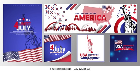 bundle set 4th july independence day usa design vector illustration. pack contains banners, posters, flayers, social media content. United States of America celebration