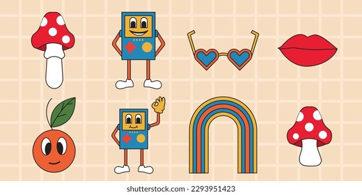 bundle set of 8 cute retro elements. vector illustration