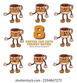 conjunto de 8 caracteres de la Copa de café de exposición, estilo Doodle, ilustración vectorial