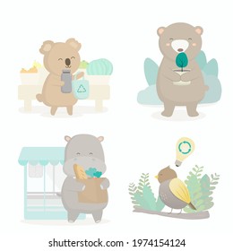 Bundle set of animal with recycle plastic packaging campaign in cartoon character, flat vector illustration design 