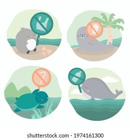 bundle set of animals under the seasay no to plastic Packaging with cartoon charactor, Isolated vector illustration