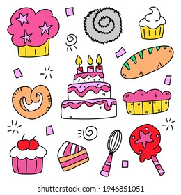 Bundle set of Baking collection with cake, bread, cupcake and  candy of Hand drawn cartoon style flat vector illustration 