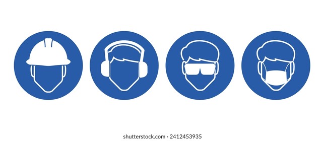Bundle set blue round icon head protection, wear helmet, ear pad cover, goggle, face mask for industrial construction engineering safety sign