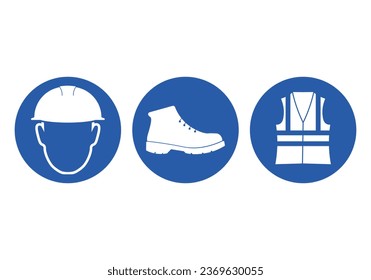 Bundle set of blue round label safety warning sign always wear protection helmet, safety shoes, and high visibility vest