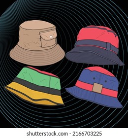 Bundle set bucket hat color block vector, set bucket hat in a full color style, trainers template outline, vector Illustration.
