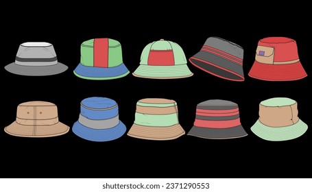 Bundle set bucket hat color block vector, set bucket hat in a full color style, trainers template outline, vector Illustration.
