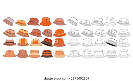 Bundle set bucket hat color block vector, set bucket hat in a full color style, trainers template outline, vector Illustration.
