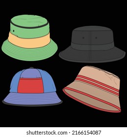 Bundle set bucket hat outline color block vector, set bucket hat in a full color style, trainers template outline, vector Illustration.
