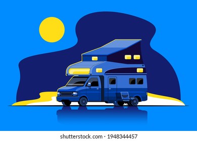 Conjunto de remolques de camping, casas móviles de viaje o caravana en escena nocturna, ilustración de vector plano