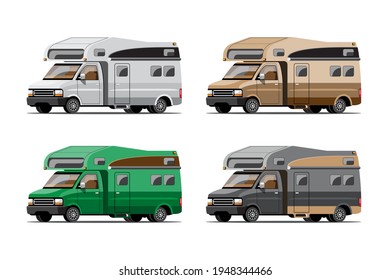 Bundle set of Camping trailers, travel mobile homes or caravan on white background, flat Vector illustration