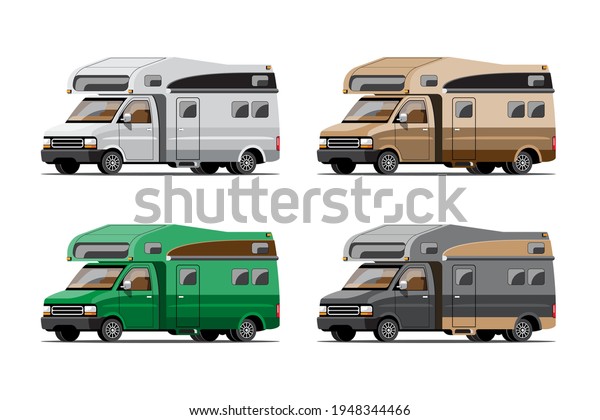 Bundle set of\
Camping trailers, travel mobile homes or caravan on white\
background, flat Vector\
illustration