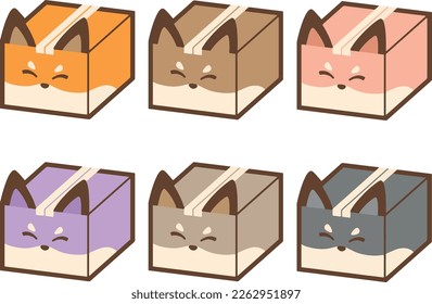 Bundle - Set of cartoon fox boxes for logo, shipping - delivery company illustration, pet shop - cutout, with no background - vector illustration