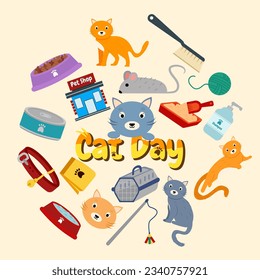 Paquete Set Cat Day Accessories Style Doodle. ilustración vectorial