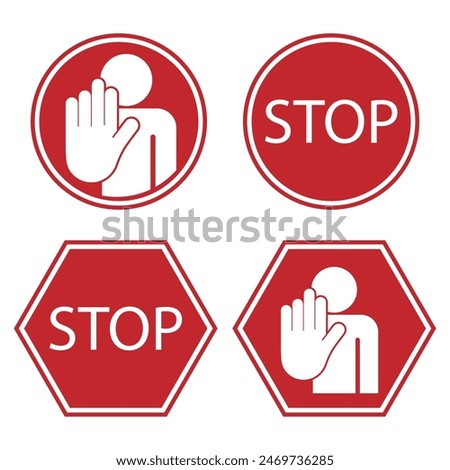 Bundle set circle and hexagon sign do not enter, prohibition with stop palm hand gesture in red isolated label