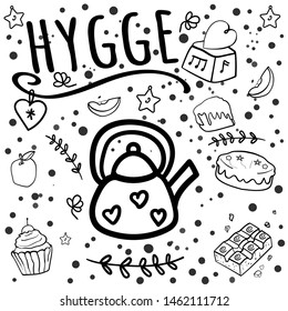 Bundle Set Coffee or tea, chocolate and cake, and apple. Set of vector doodles. Coloring Breakfast or dessert. Hygge  Vector illustration