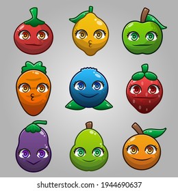 Bundle set colorful of Fruit and vegetable with face cartoon isolated vector illustration on gray background