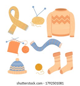 Encuadernación, aterciopelado pañuelo, sombrero, calcetines, suéter y accesorios de punto aislados en ilustración vectorial de fondo blanco. Higge, estilo escandinavo, ornamental