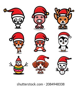 Bundle set Cute animal with Christmas hat , with in white background , vector logo design template