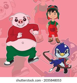 bundle set cute cartoon character fat pig, little boy in pilot outfit and penguin archer