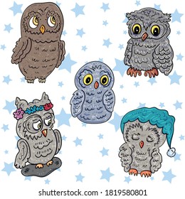 Bundle Set of cute cartoon Owls. Bird illustration, Vector Scrap  Elements