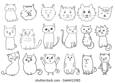Bundle Set Cute Cat. Coloring page, Different poses and emotions animal. Vector doodle illustration 