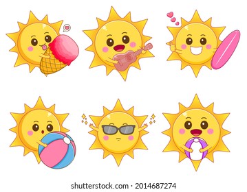 Bundle set Cute Sun doing summer activities cartoon character. Ice cream, playing guitar, wearing glasses, playing beach ball and surfing. Summer concept design. Vector art illustration