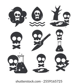 Bundle set dangerous icon, gas, water, polluter river, knife, crime, laboratory, high voltage electric sock caution