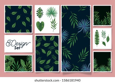 bundle of set designs with leafs tropicals vector illustration design