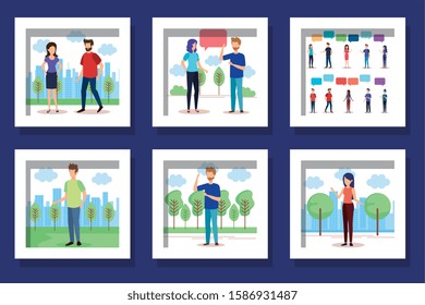bundle with set designs of young people talking vector illustration design