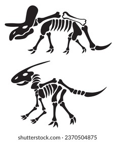 Bundle, Set of dinosaur skeletons, dino bones. Remains of ancient animals. Modern vector flat design image. 