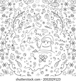 Bundle Set with Doodle Holiday Coloring Page or Book. Vector Elements from Christmas Tree Toys, Sweets and Santa Claus