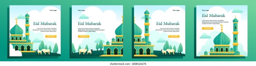a bundle set of Eid al-Adha theme ad designs with a green base color. can be used as social media advertisements, website designs, presentations, flyers, etc.