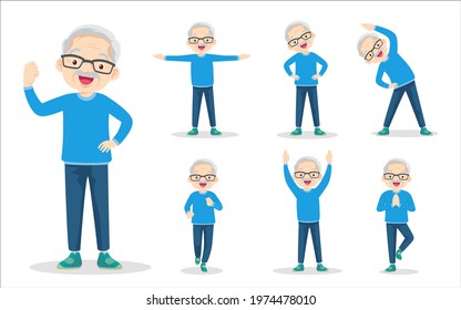 bundle set of elderly man on exercise various actions. grandfather are various actions to move the body healthy