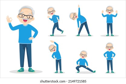 bundle set of elderly man on exercise various actions. grandfather are various actions to move the body healthy