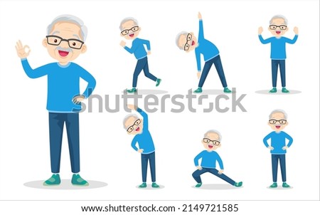 bundle set of elderly man on exercise various actions. grandfather are various actions to move the body healthy